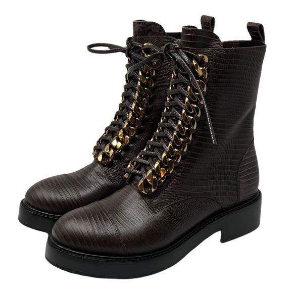 Jeffrey Campbell Combat Boots Size 7 NWOT Brown Embossed Leather - Picture 1 of 12